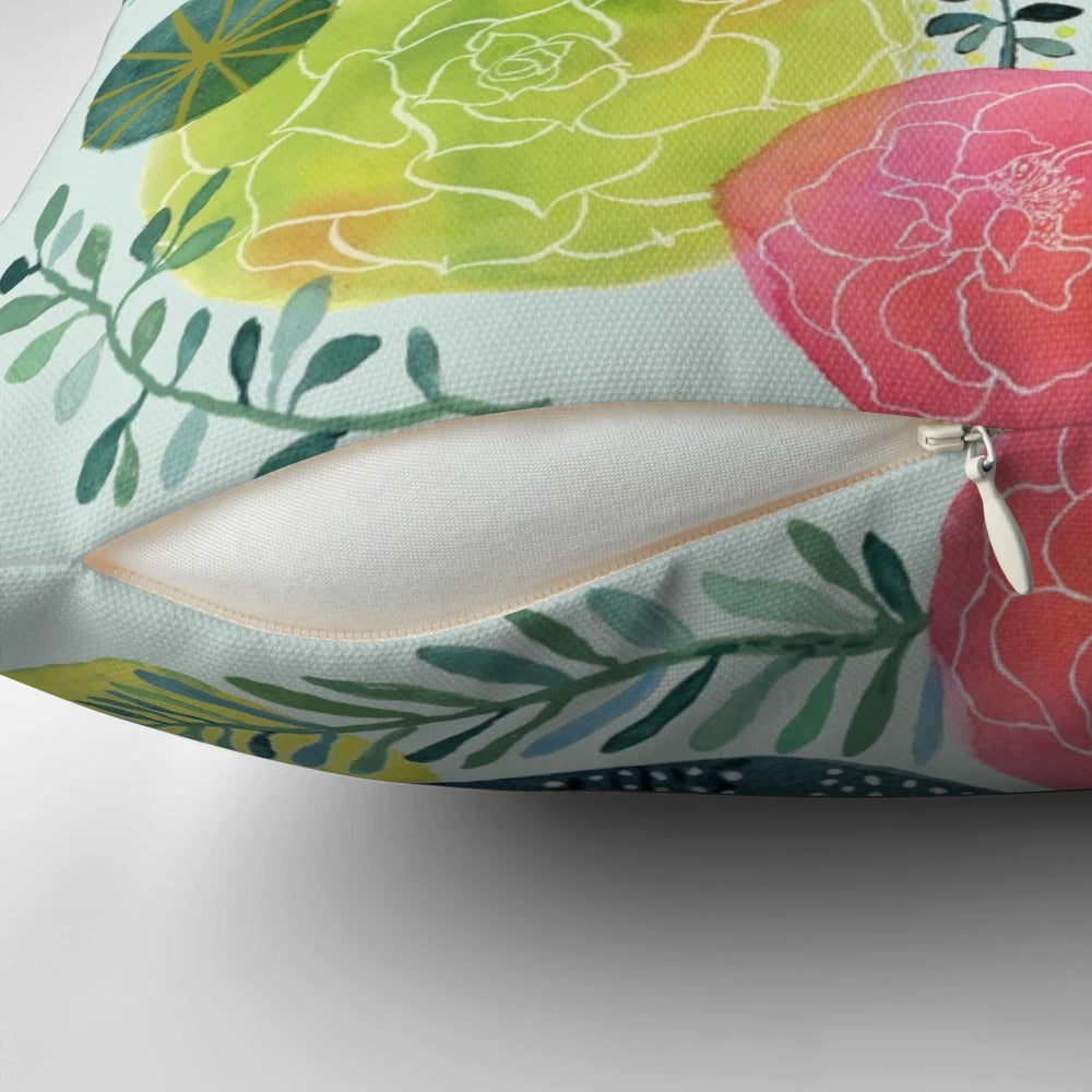 Handpainted botanical succulent circle pillow in shades of green and pink