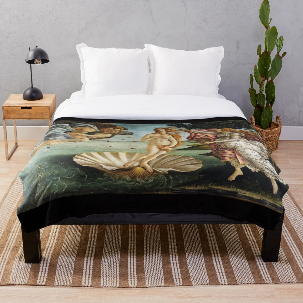 Botticelli's Birth of Venus inspired plush blanket featuring a female figure on a scallop shell