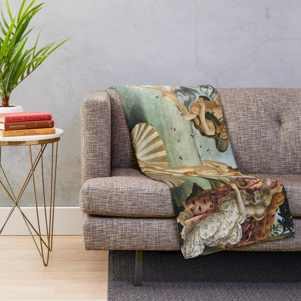 Botticelli's Birth of Venus inspired plush blanket featuring a female figure on a scallop shell