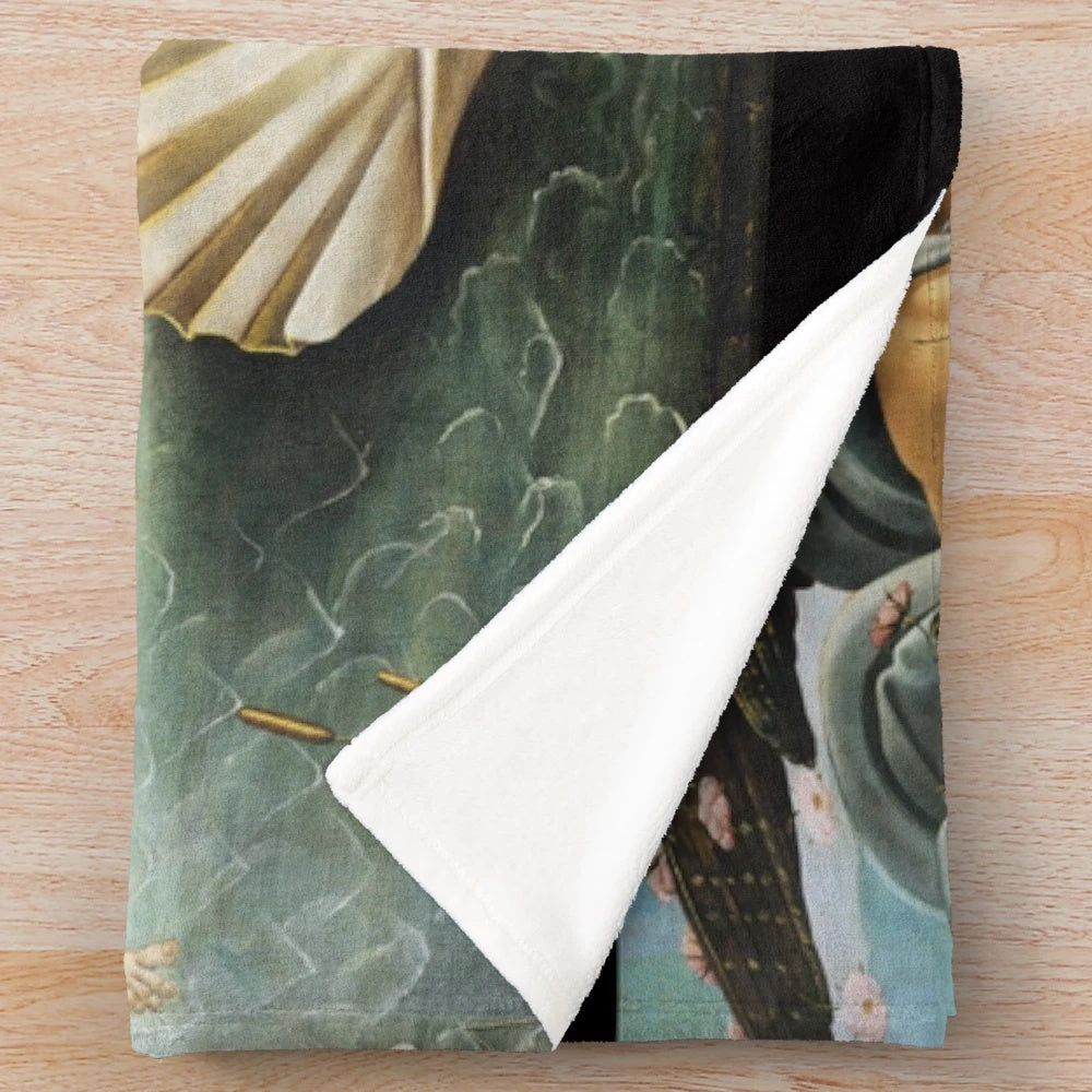 Botticelli's Birth of Venus inspired plush blanket featuring a female figure on a scallop shell