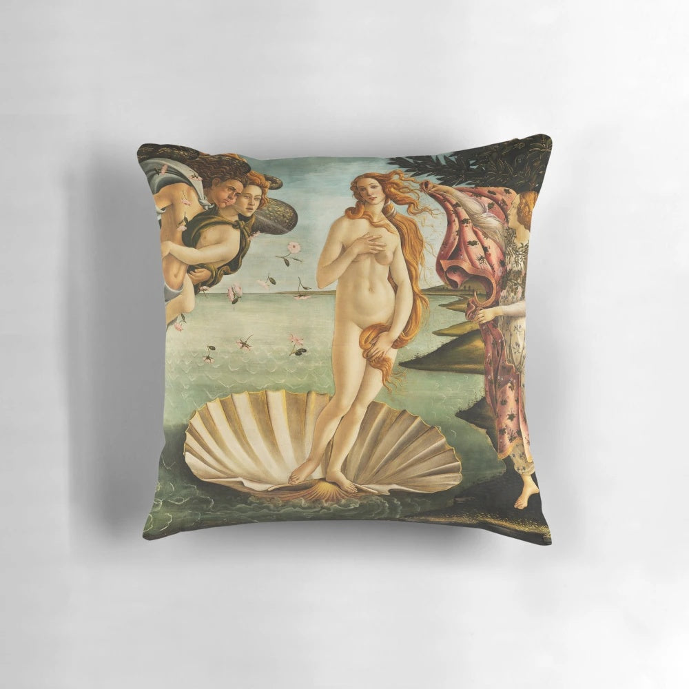Decorative throw pillow featuring Botticelli's iconic painting "The Birth of Venus