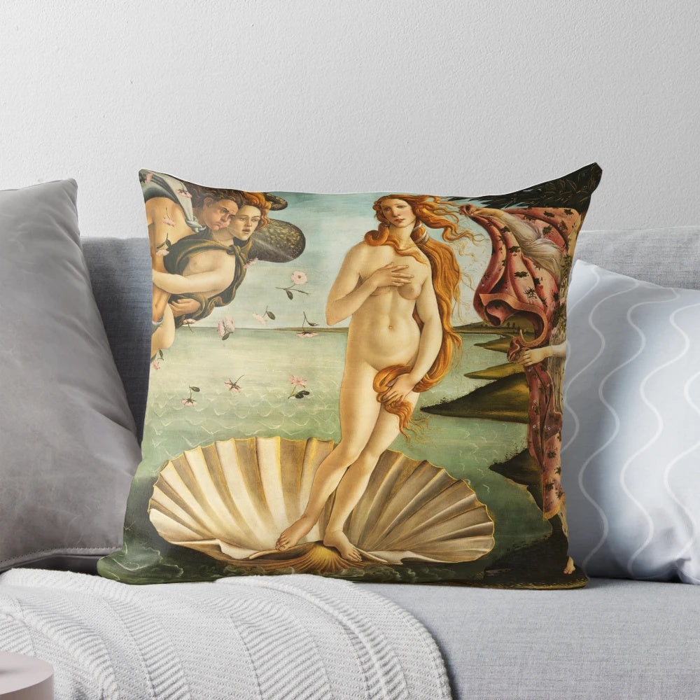 Decorative throw pillow featuring Botticelli's iconic painting "The Birth of Venus