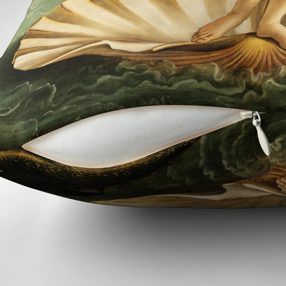 Decorative throw pillow featuring Botticelli's iconic painting "The Birth of Venus