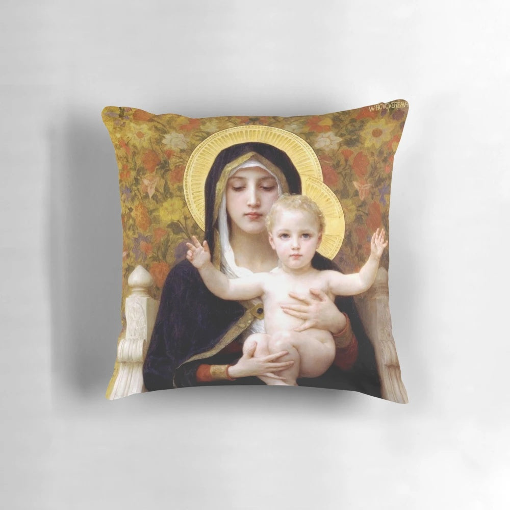 Decorative pillow featuring Bouguereau's masterpiece "Virgin of the Lilies", a beautiful religious artwork depicting the Virgin Mary.