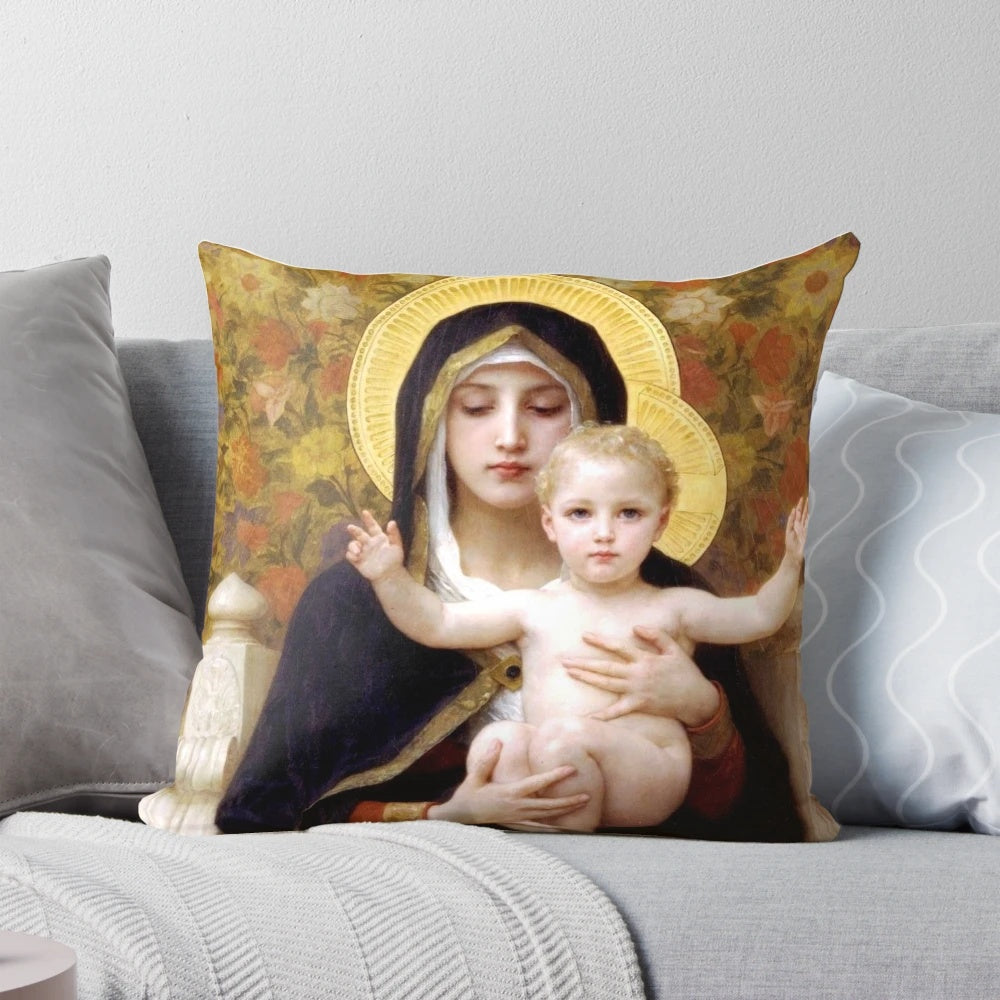 Decorative pillow featuring Bouguereau's masterpiece "Virgin of the Lilies", a beautiful religious artwork depicting the Virgin Mary.