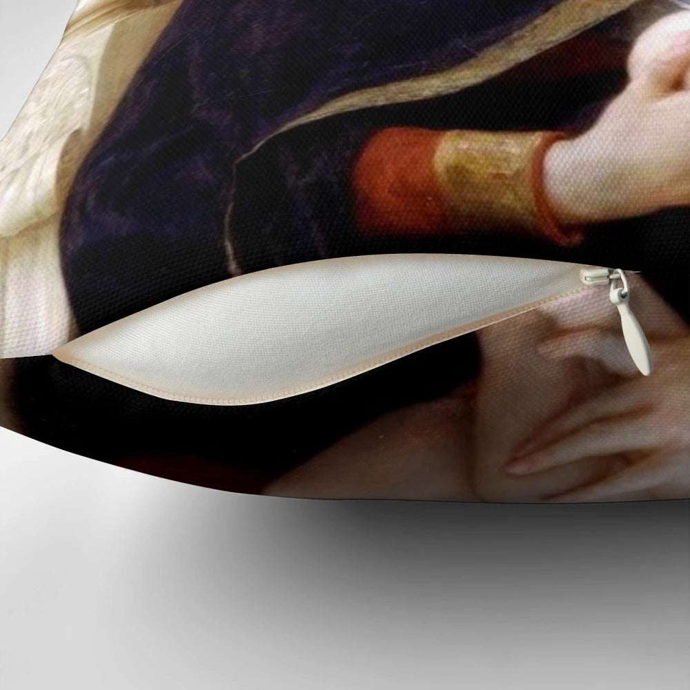 Decorative pillow featuring Bouguereau's masterpiece "Virgin of the Lilies", a beautiful religious artwork depicting the Virgin Mary.