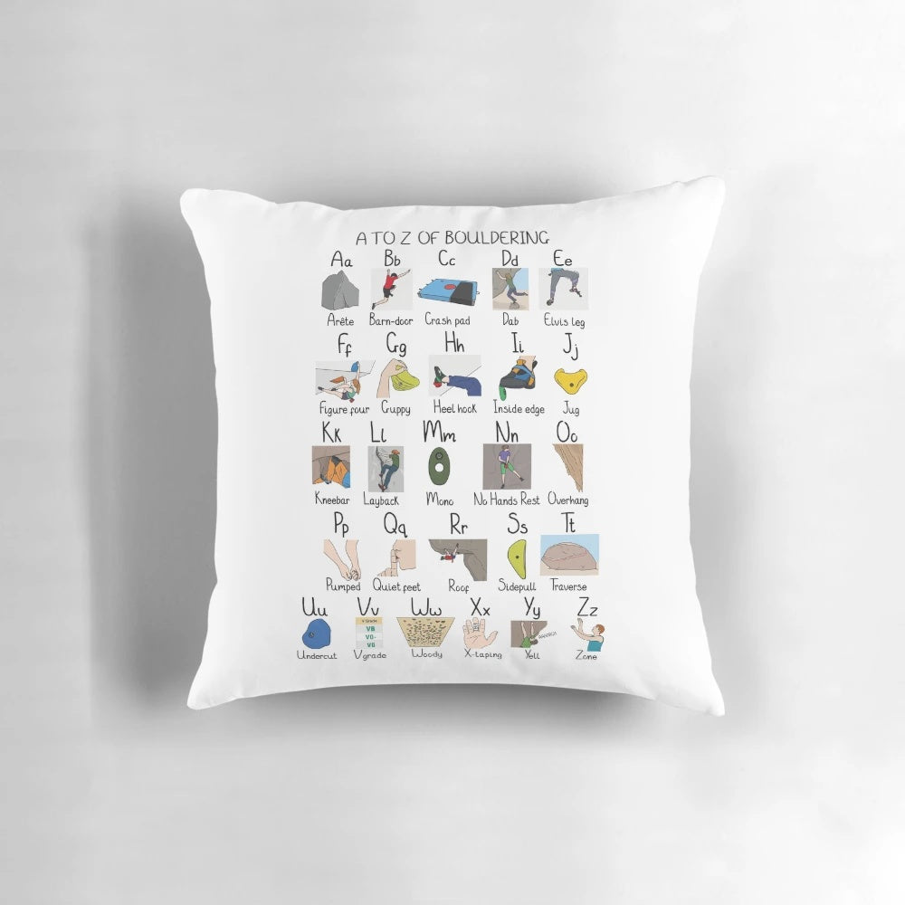 Bouldering-themed decorative throw pillow with A to Z design