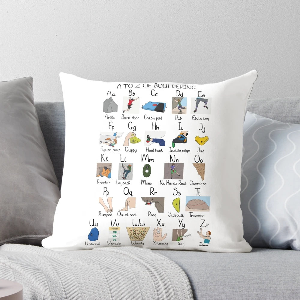 Bouldering-themed decorative throw pillow with A to Z design