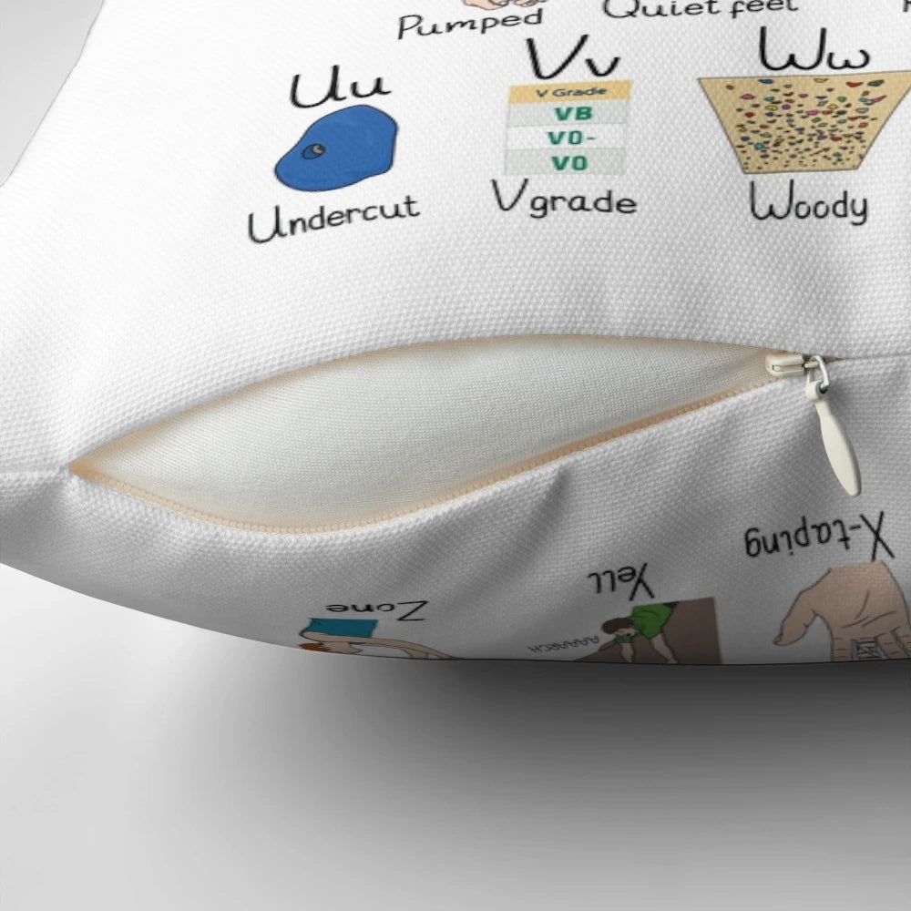 Bouldering-themed decorative throw pillow with A to Z design