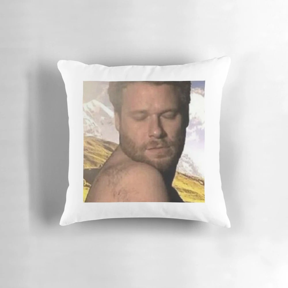 A plush pillow depicting Seth Rogen, inspired by the film Bound.