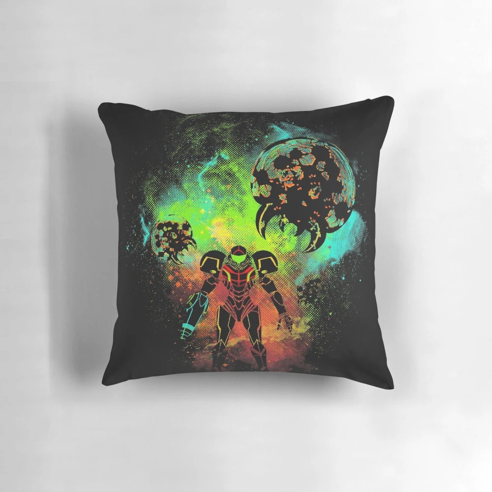 Bounty Hunter of Space video game-inspired pillow with Samus and Metroid design
