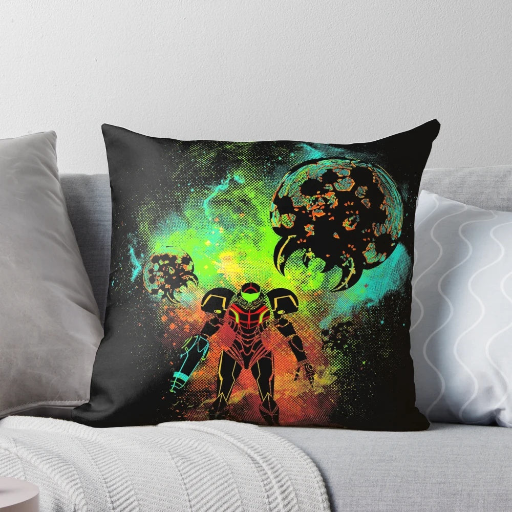Bounty Hunter of Space video game-inspired pillow with Samus and Metroid design