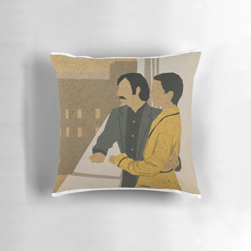 Boutique hotel-style pillow featuring a design inspired by Wes Anderson's film 'The Darjeeling Limited