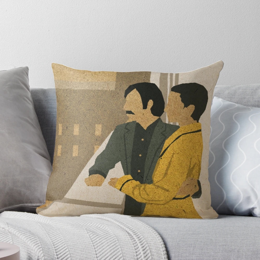 Boutique hotel-style pillow featuring a design inspired by Wes Anderson's film 'The Darjeeling Limited