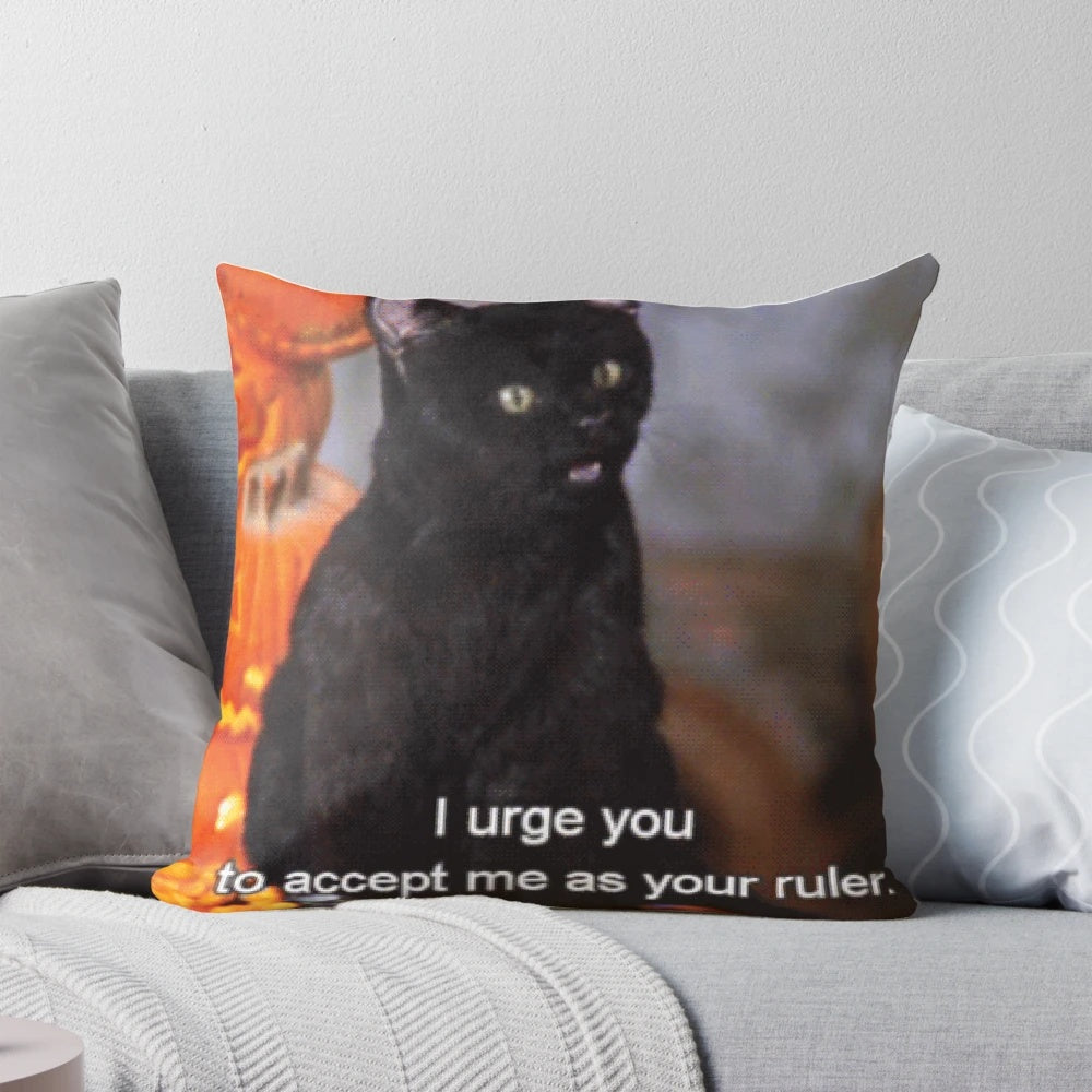 A decorative pillow featuring a bow and the character Salem from the "Sabrina the Teenage Witch" TV series.