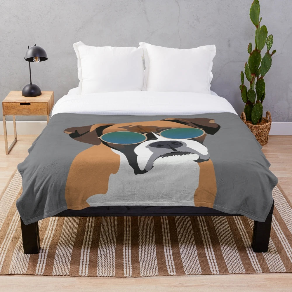 Boxer dog wearing sunglasses plush blanket