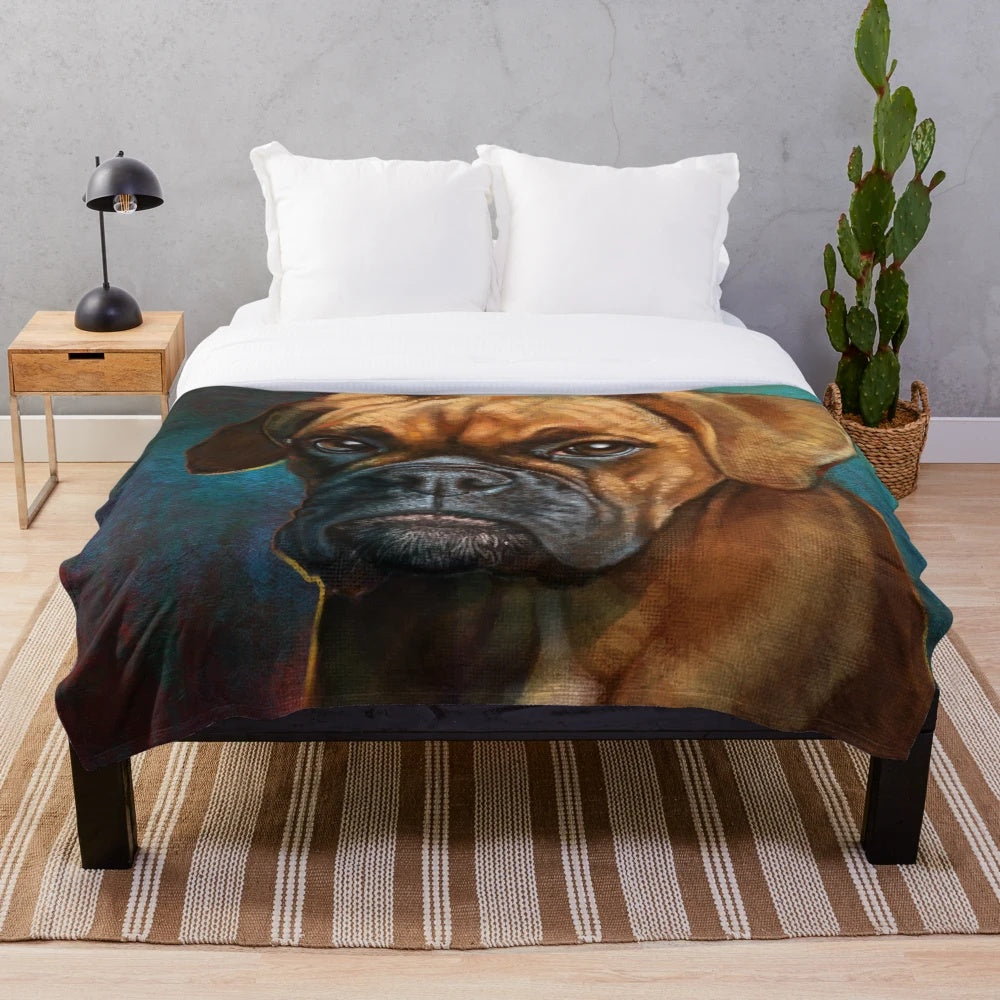 Boxer dog on a plush, textured blanket