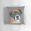 Boxer dog wearing sunglasses printed on a soft, plush pillow