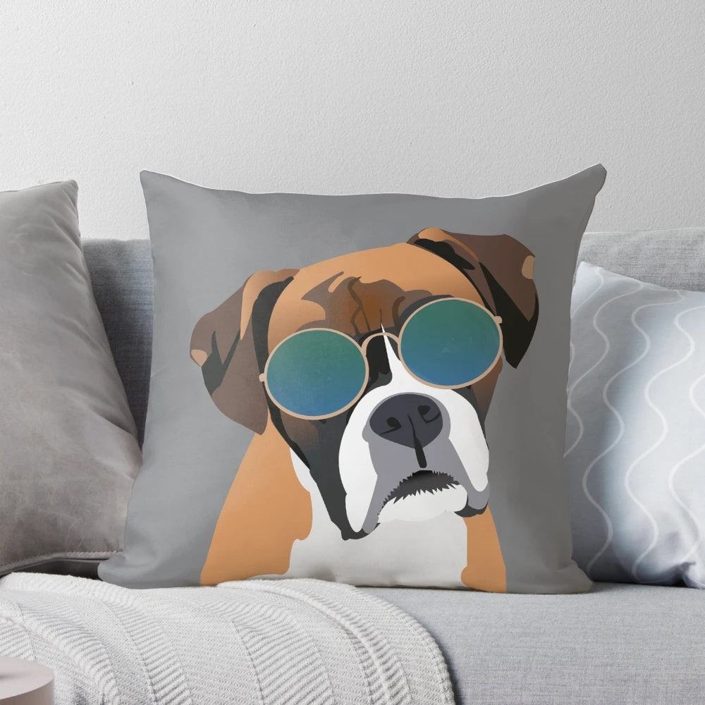 Boxer dog wearing sunglasses printed on a soft, plush pillow
