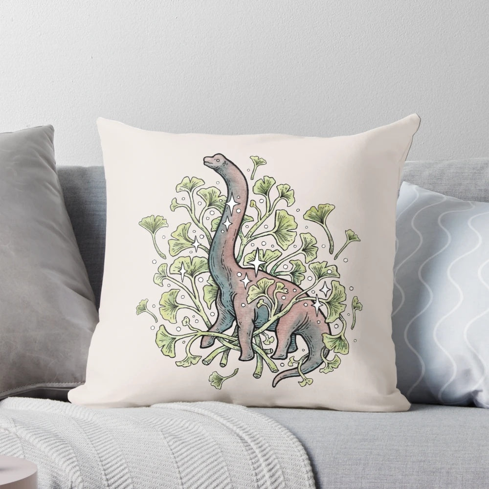Brachiosaurus sauropod dinosaur surrounded by ginkgo leaves in a watercolor botanical art design on a decorative throw pillow.