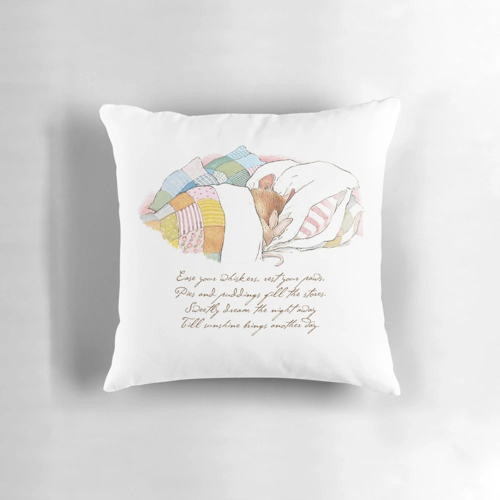 Illustrated pillow featuring baby mice from the Brambly Hedge children's book series by Jill Barklem