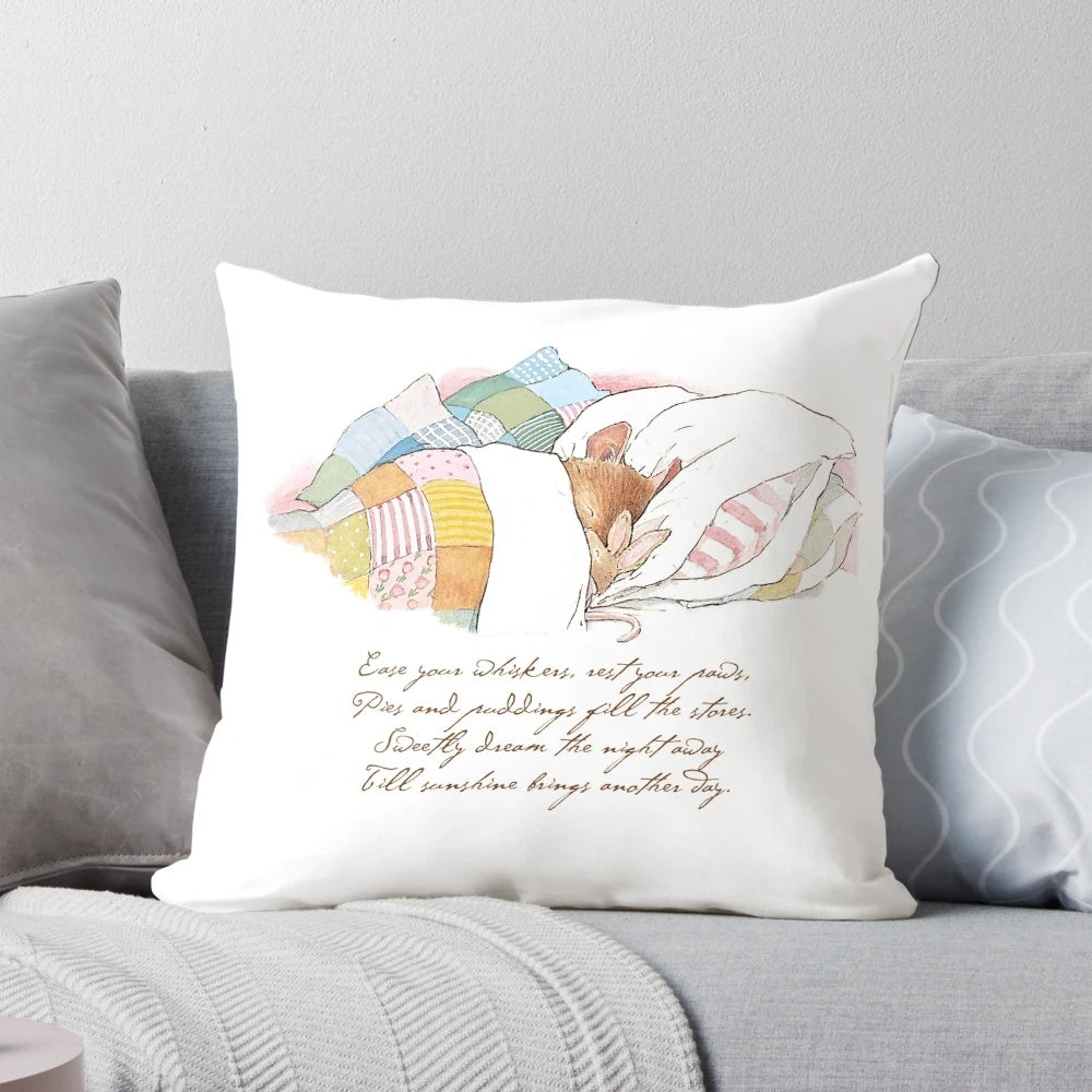 Illustrated pillow featuring baby mice from the Brambly Hedge children's book series by Jill Barklem