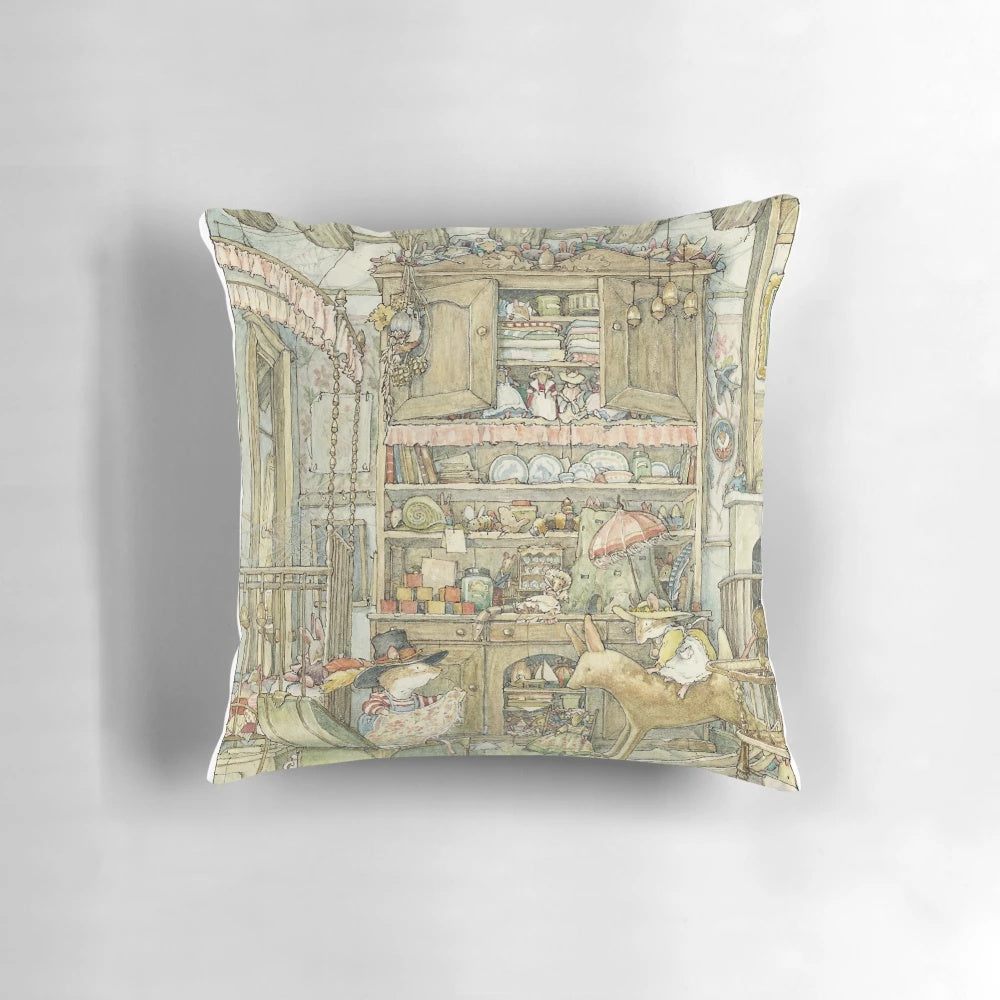 A cozy pillow featuring characters from the beloved Brambly Hedge children's book series, depicting a scene of dressing up at the Old Oak Palace.
