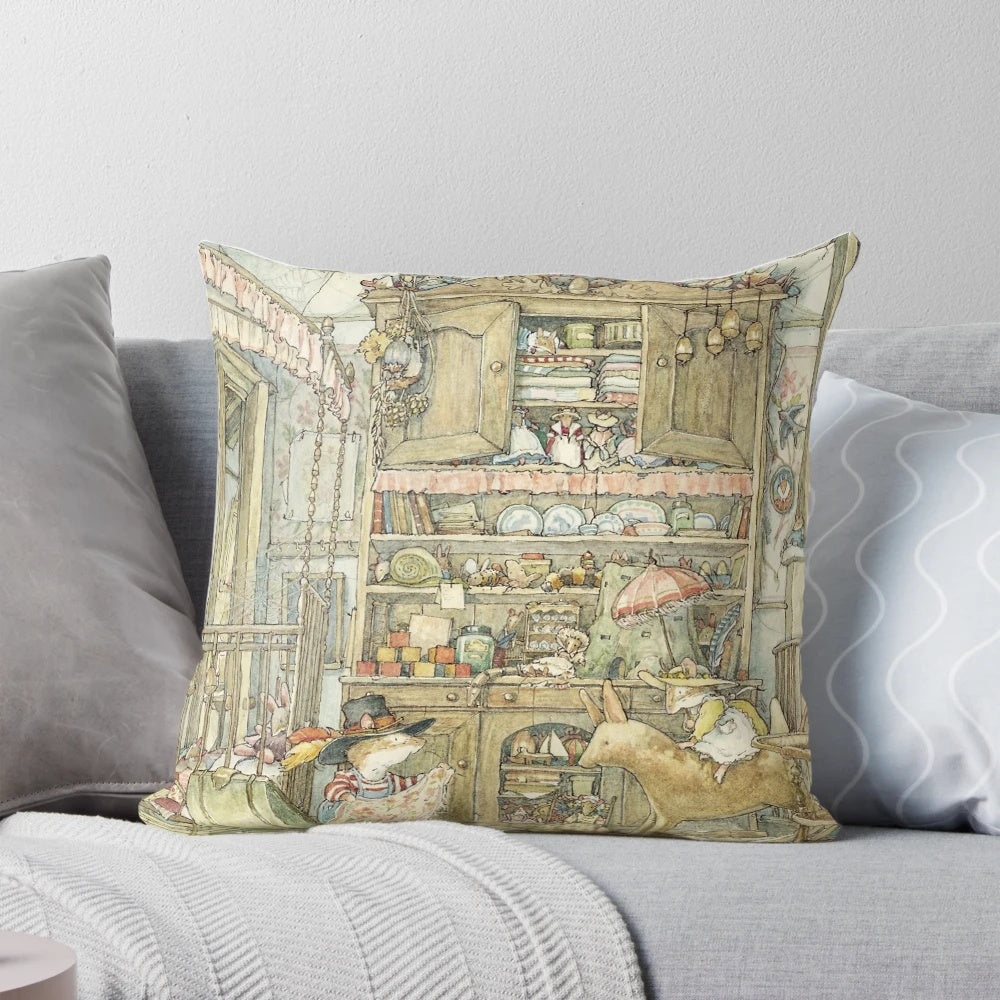 A cozy pillow featuring characters from the beloved Brambly Hedge children's book series, depicting a scene of dressing up at the Old Oak Palace.