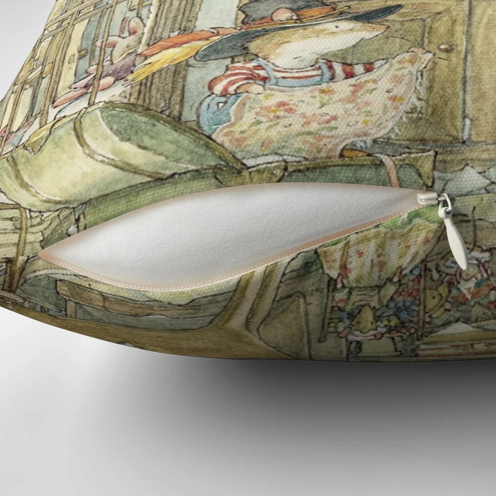 A cozy pillow featuring characters from the beloved Brambly Hedge children's book series, depicting a scene of dressing up at the Old Oak Palace.