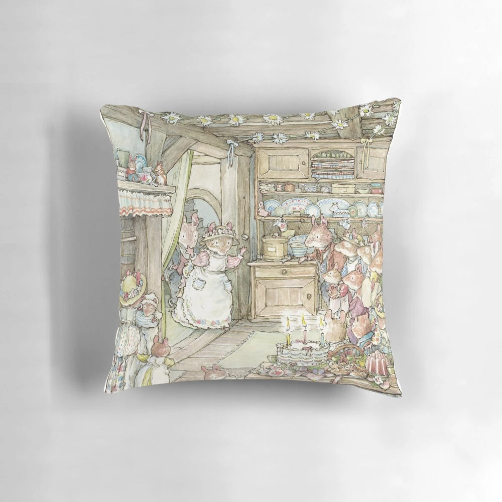Brambly Hedge inspired pillow featuring charming countryside cottage scene with hawthorn blossom