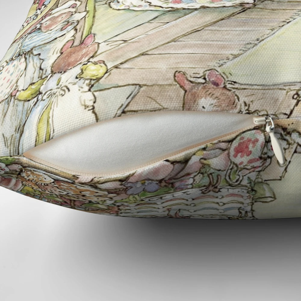 Brambly Hedge inspired pillow featuring charming countryside cottage scene with hawthorn blossom
