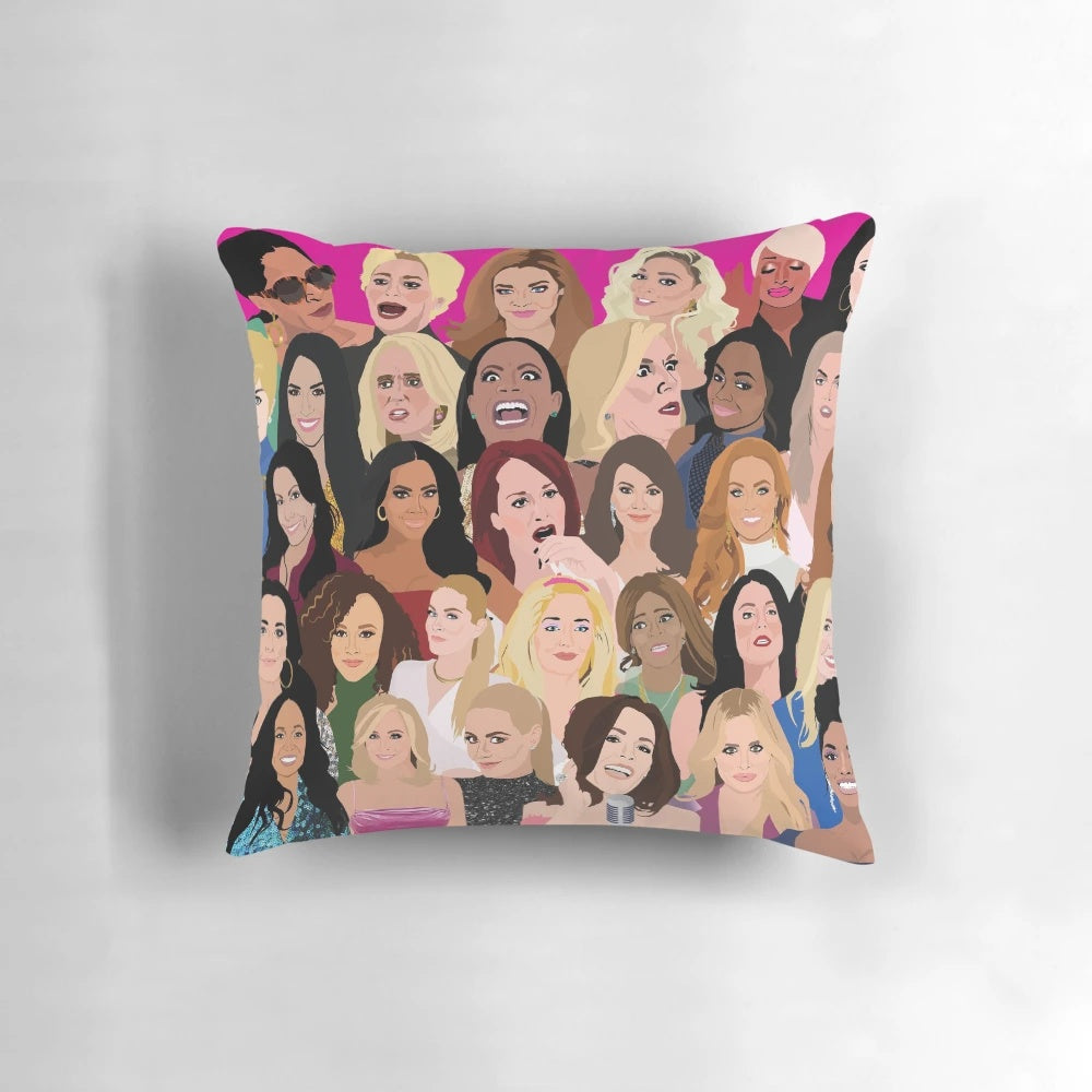 Bravo TV Real Housewives Montage Throw Pillow featuring RHONY, RHOBH, RHOA, RHONJ, RHOC, RHOP, RHOD, and VPR