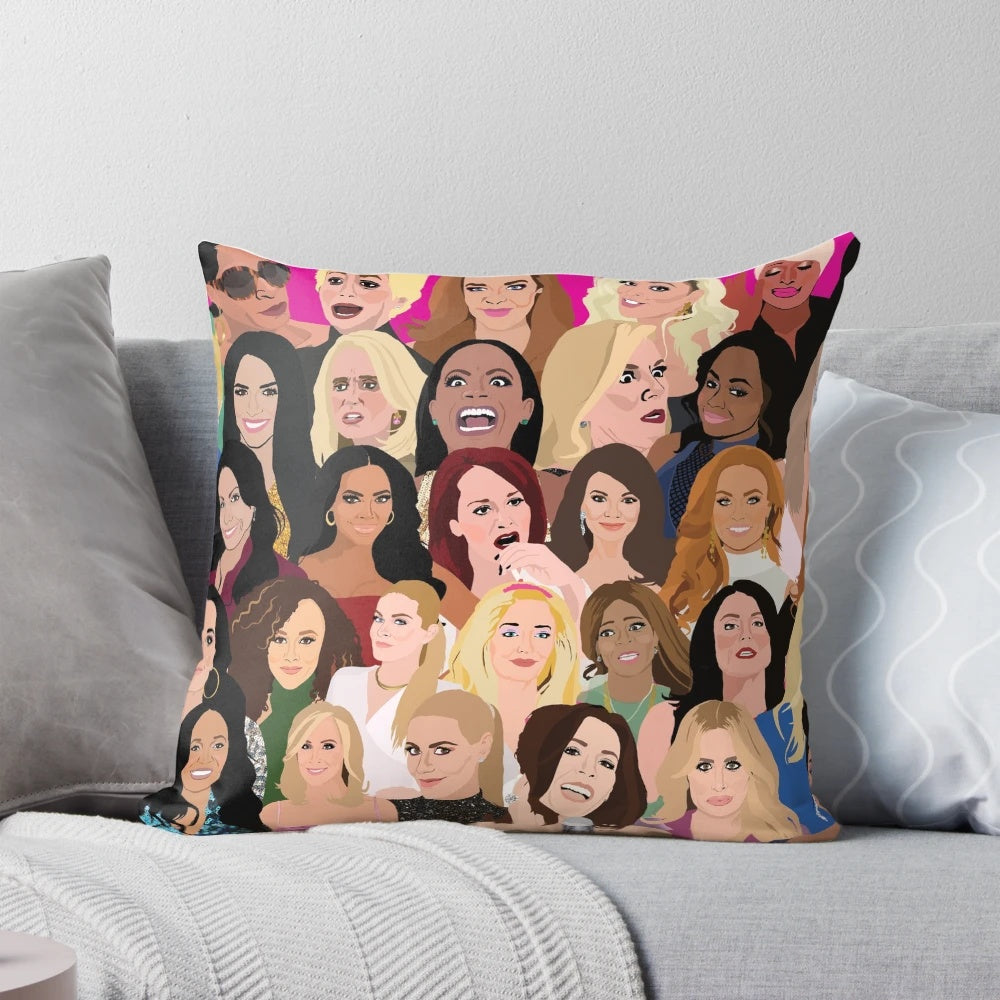Bravo TV Real Housewives Montage Throw Pillow featuring RHONY, RHOBH, RHOA, RHONJ, RHOC, RHOP, RHOD, and VPR