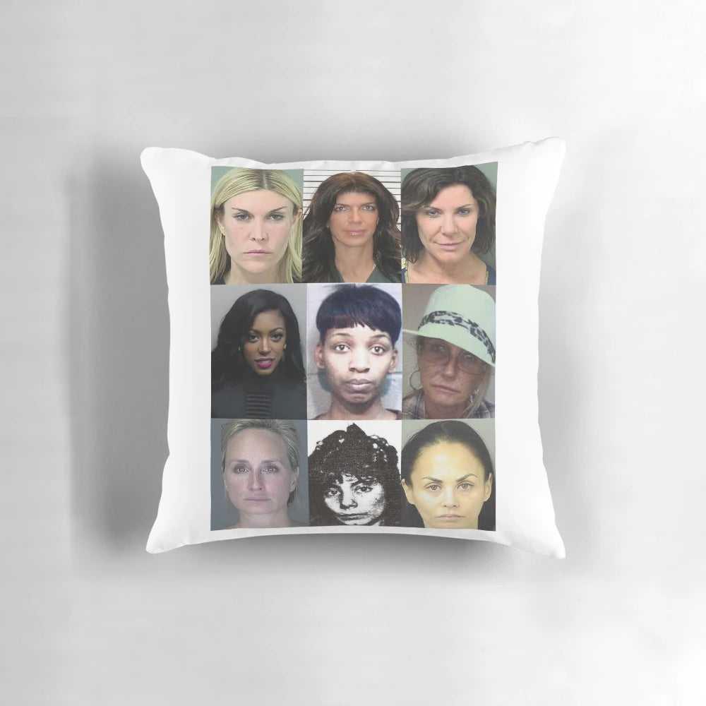 A plush and comfortable pillow featuring mugshot photos from the Real Housewives franchise on Bravo TV.
