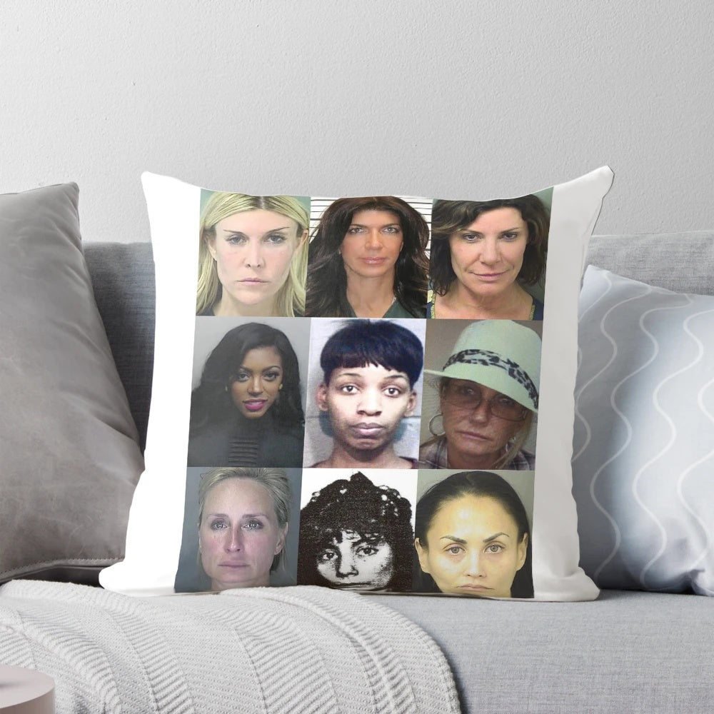 A plush and comfortable pillow featuring mugshot photos from the Real Housewives franchise on Bravo TV.