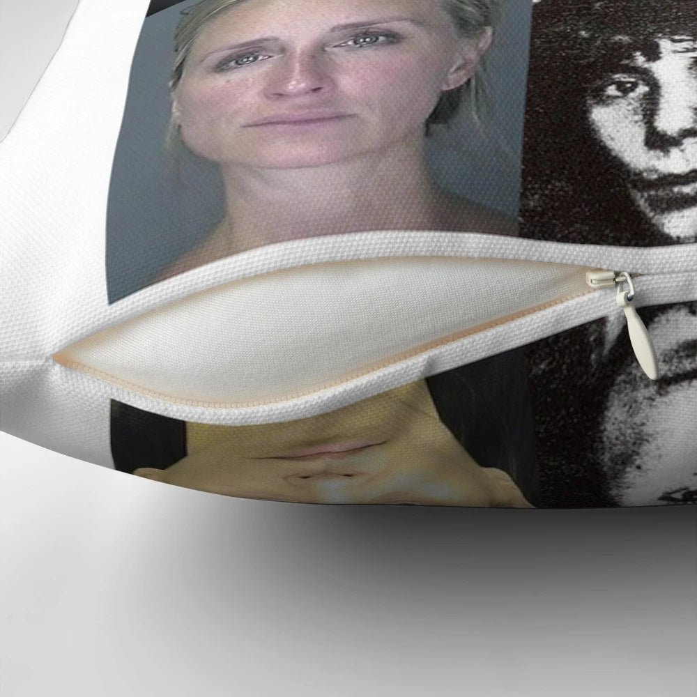 A plush and comfortable pillow featuring mugshot photos from the Real Housewives franchise on Bravo TV.