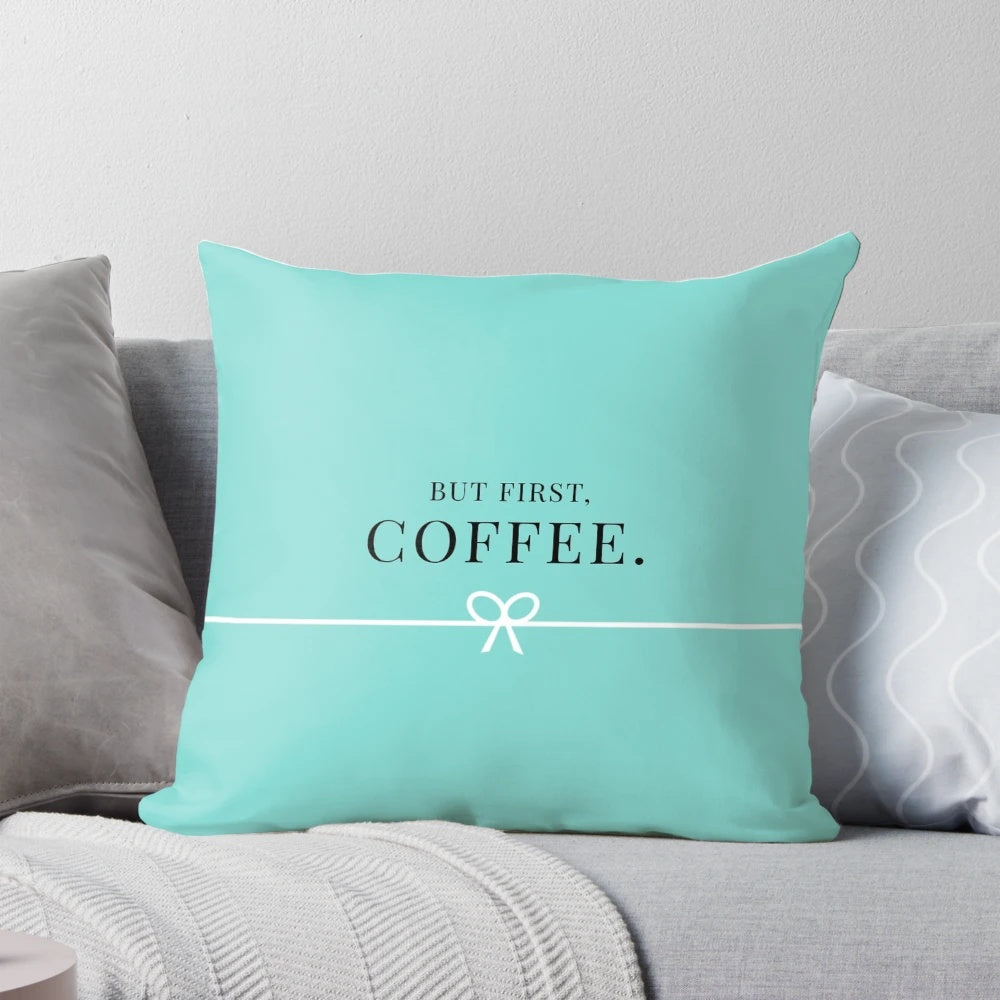 Breakfast-themed throw pillow with Tiffany's style