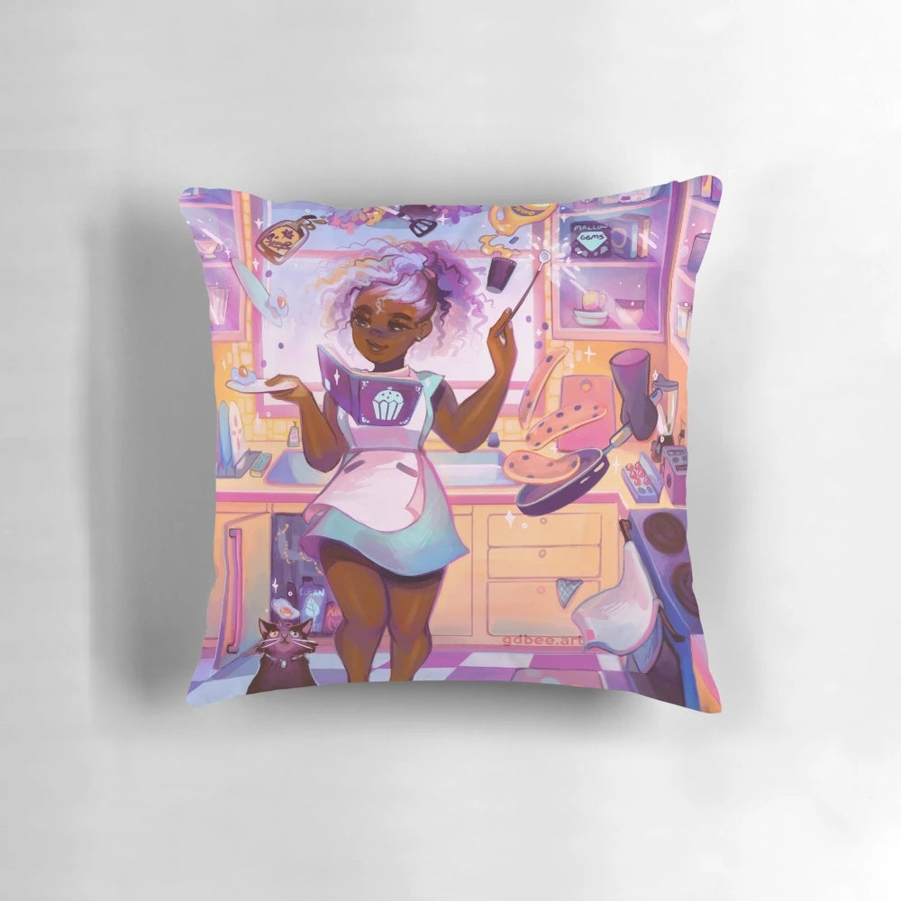 A purple, pastel magical girl-inspired decorative breakfast pillow with black art and African American representation.