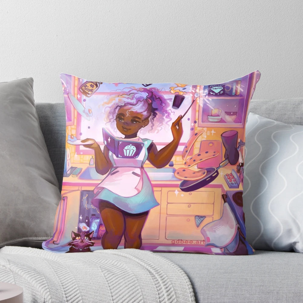 A purple, pastel magical girl-inspired decorative breakfast pillow with black art and African American representation.