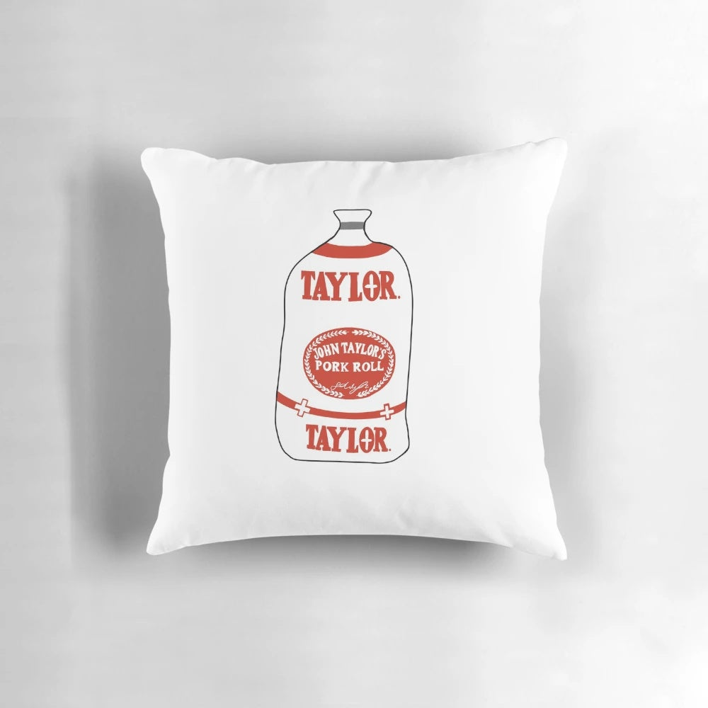 A soft, plush pillow designed with the iconic taylor ham and pork roll breakfast sandwich motif.