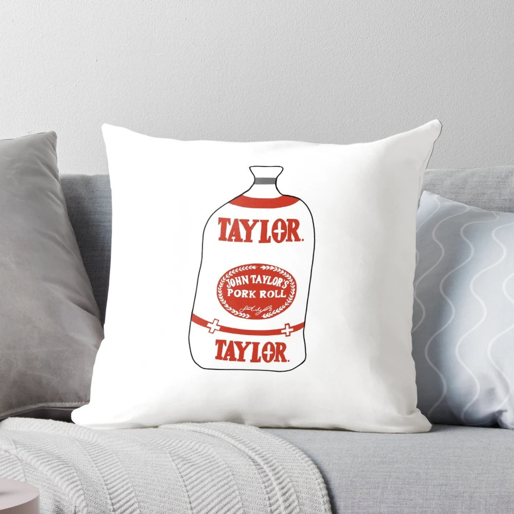 A soft, plush pillow designed with the iconic taylor ham and pork roll breakfast sandwich motif.