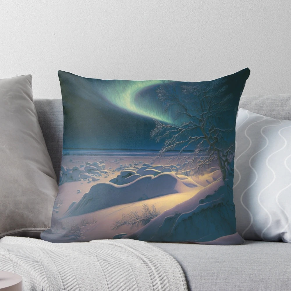 Vibrant green and purple Aurora Borealis in the night sky over snowy mountains in Iceland