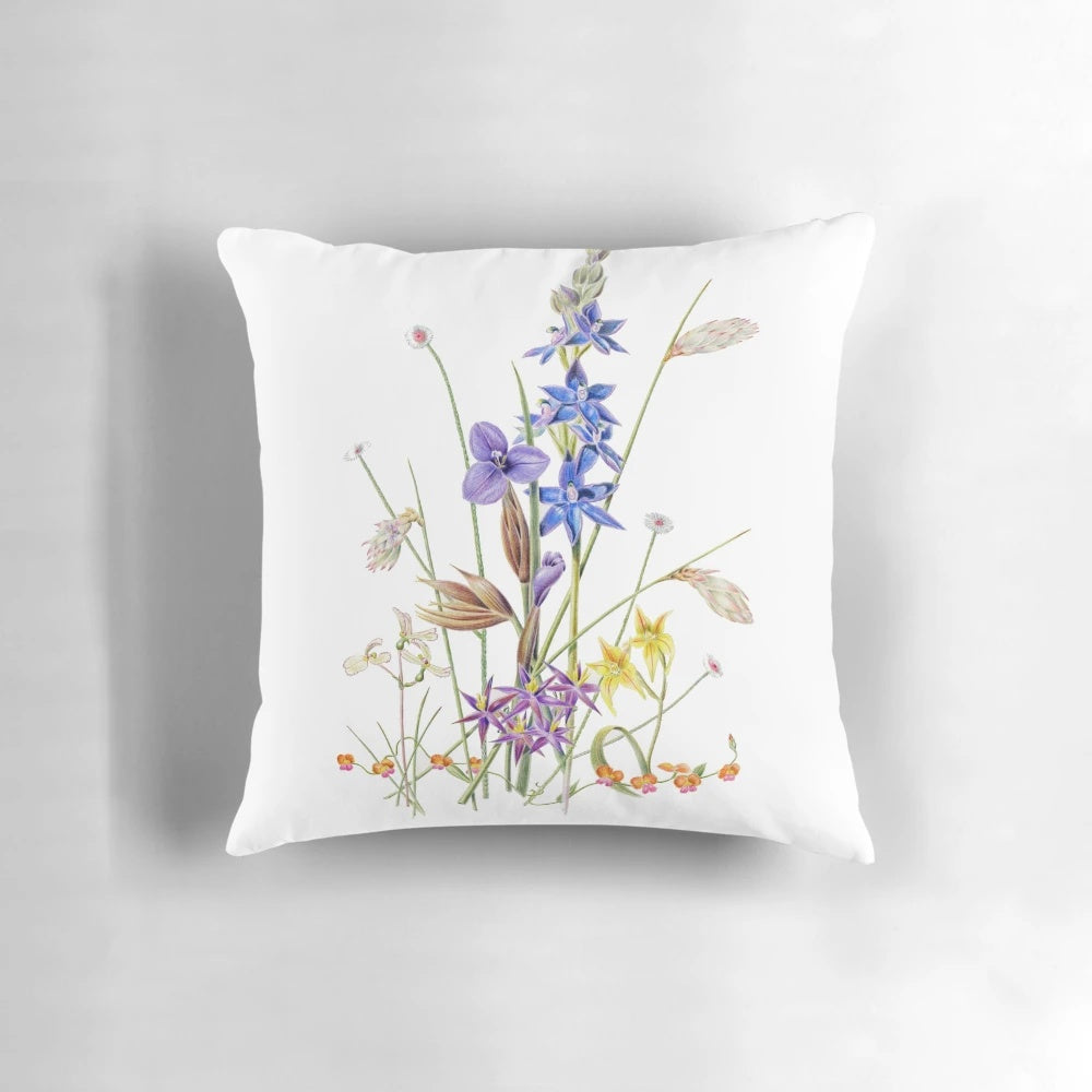 Vibrant pillow featuring a stunning array of Australian wildflowers native to Western Australia.