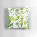 Closeup of a lush, translucent green foliage pillow with a botanical, nature-inspired design.