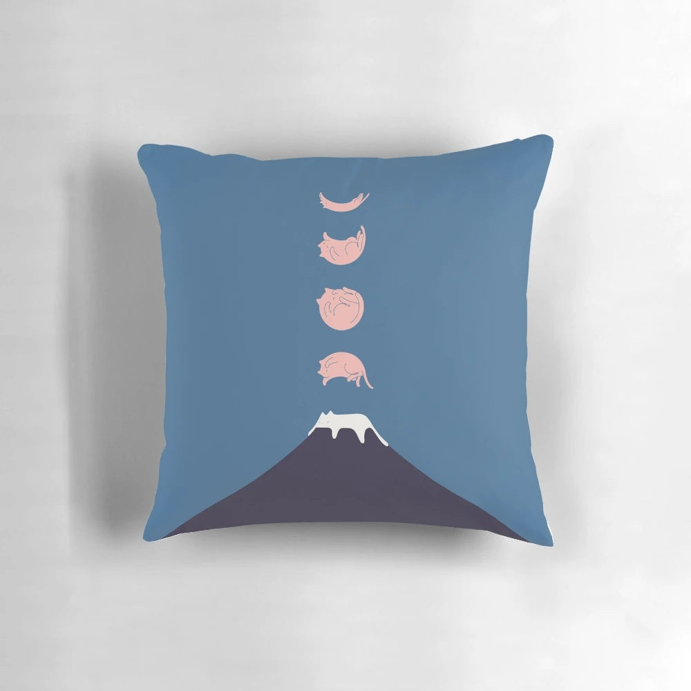 Serene cat landscape pillow with a minimalist mountain design