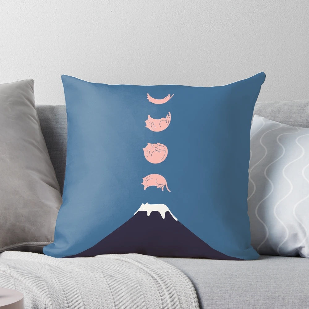 Serene cat landscape pillow with a minimalist mountain design