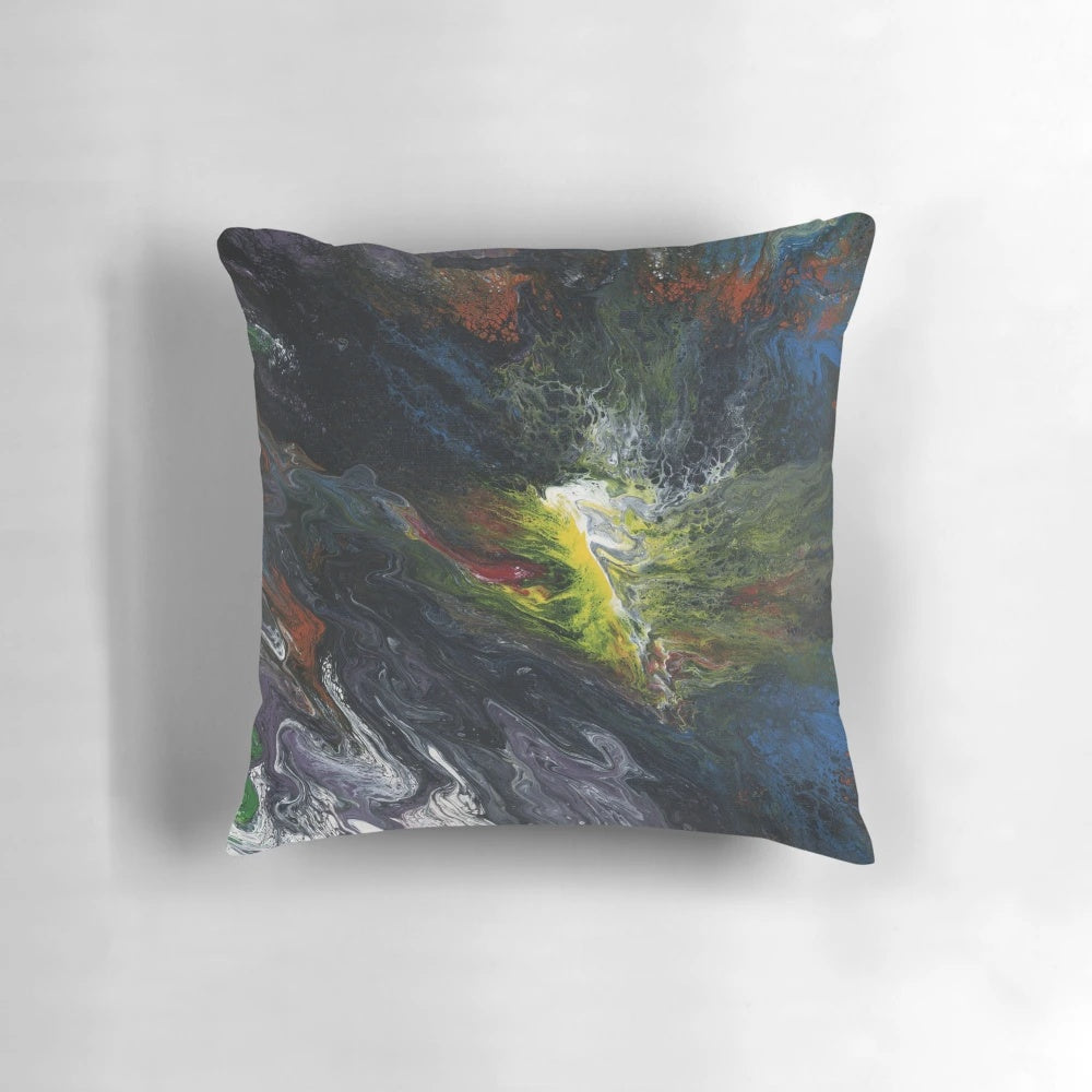 Cosmic Eruption Pillow featuring a mesmerizing abstract art design of a vibrant celestial explosion in the universe.