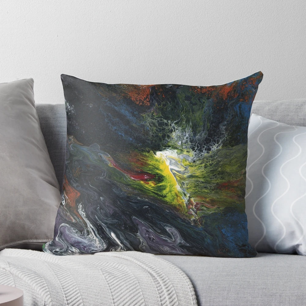 Cosmic Eruption Pillow featuring a mesmerizing abstract art design of a vibrant celestial explosion in the universe.