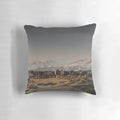 Stunning pillow featuring a picturesque scene of an Icelandic horse herd in a scenic mountain landscape at sunset.