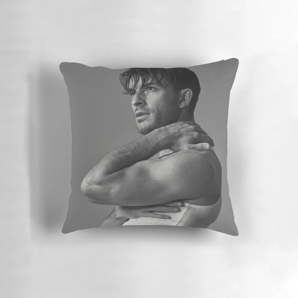 Stylish Jonathan Bailey-inspired pillow design featuring portrait and quotes